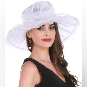 NEW Saferin 100% White Organza Church Wedding Derby Wide Brimmed Hat